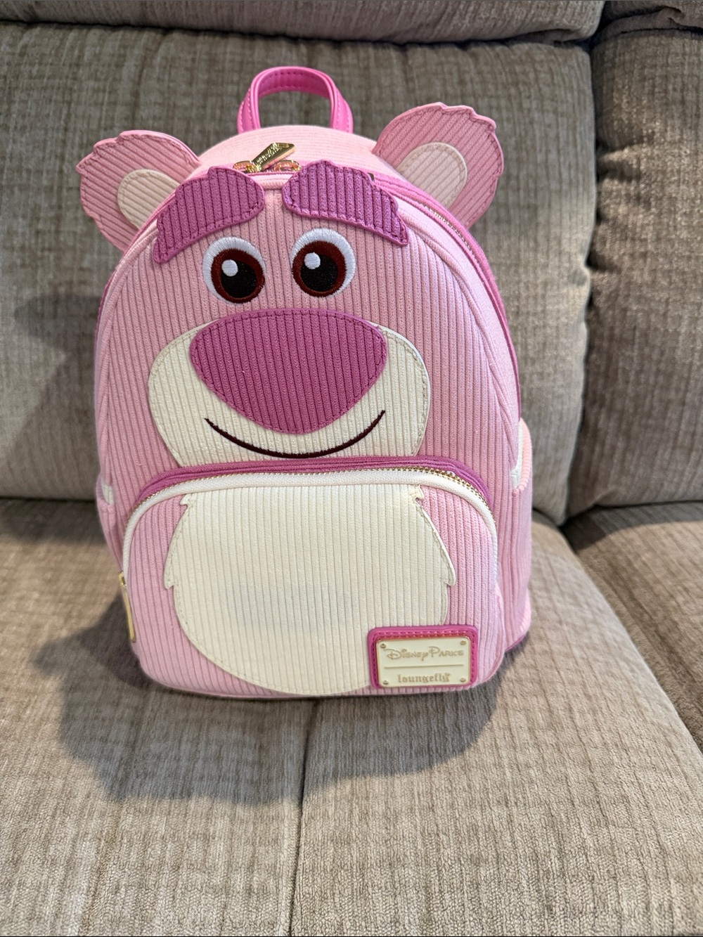 Pixar scented story Lotso Bear Corduray backpack 10 by 7 pink and off white
